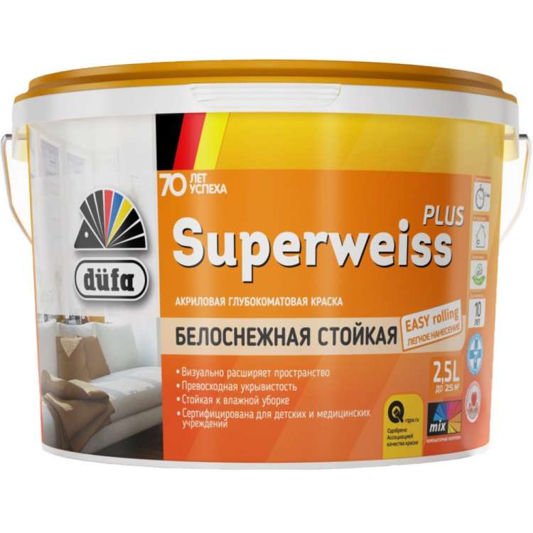 Краска Dufa Retail ВД SUPERWEISS PLUS база 1, 2,5 л МП00-004744