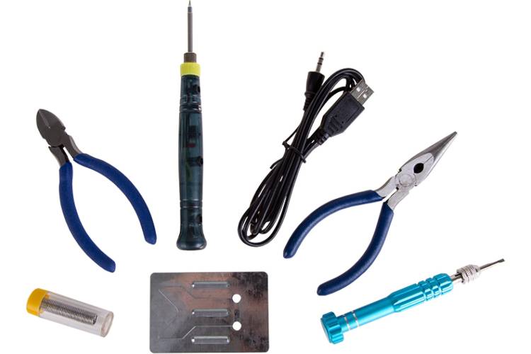 Набор для пайки: USB-паяльник 8Вт, кусачки, тонкогубцы, подставка, припой, отвертка REXANT ZD-972F 12-0168
