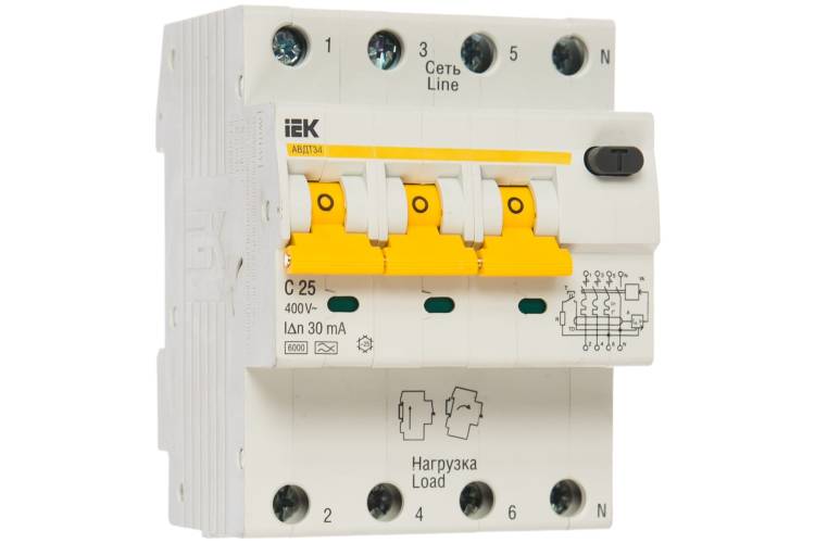 Автоматический выключатель дифференциального тока IEK 3п+N 2модуля C 25A 30mA тип A 6kA АВДТ-34 ИЭК MAD22-6-025-C-30