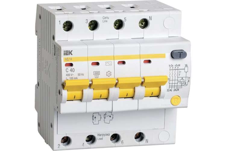 Дифференциальный автомат IEK АД14, 4Р, 40А, 100мА MAD10-4-040-C-100