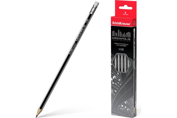 Шестигранный чернографитный карандаш ErichKrause MEGAPOLIS с ластиком HB 32860