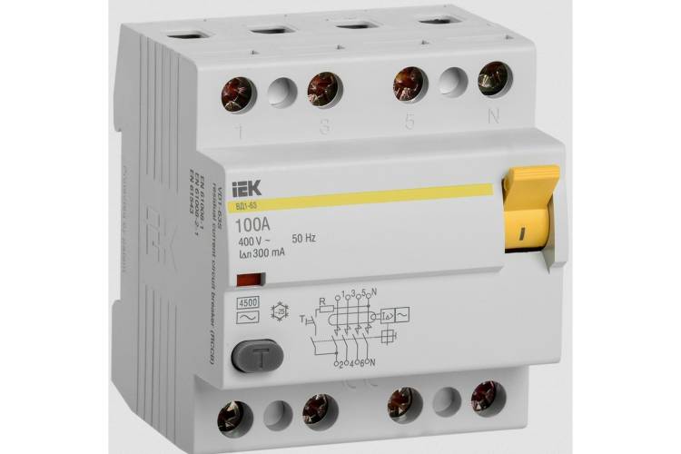 Выключатель дифференциального тока IEK 4п 100A 300mA тип AC ВД1-63 ИЭК MDV10-4-100-300