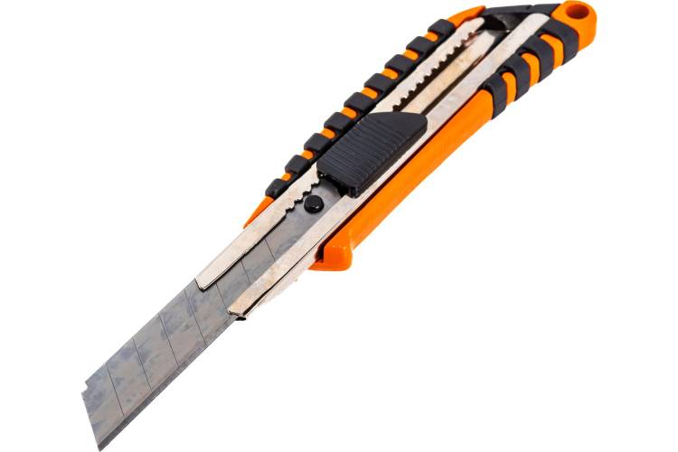 Нож, 18 мм выдвижное лезвие металлическая направляющая, двухкомпонентный корпус Sparta 78982