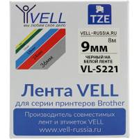 Лента Vell VL-S221 Brother TZE-S221, 9 мм, черный на белом, для PT 1010/1280/D200/H105/E100 319972