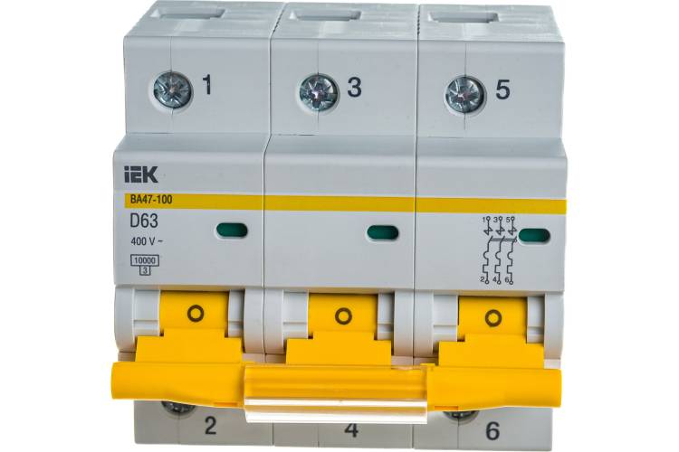 Автоматический модульный выключатель IEK ВА 47-100 3п, D, 63А, 10кА, ИЭК MVA40-3-063-D