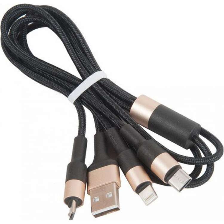 Кабель USB Hoco3 в 1 для Lightning, Micro USB, Type-C, 2.0A, длина 1.0м, черный с золотым 648368