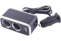 Разветвитель прикуривателя SKYWAY 2 гнезда + USB черный, предохранитель 10 А, USB 1 A S02301016