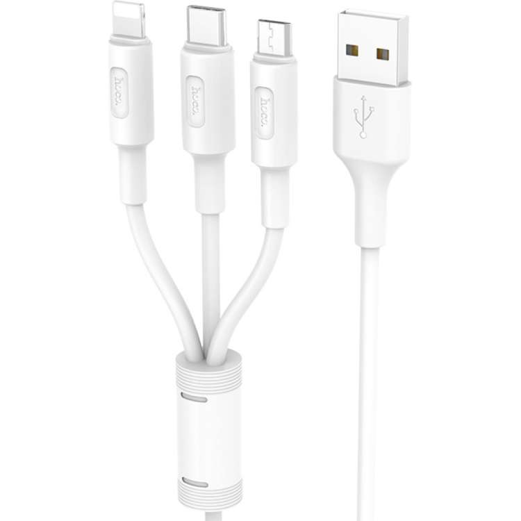 Кабель USB Hoco 2.0x25 3 в 1, AM/Type-C/Lightning/MicroUsb, белый, 1м, 6957531080176