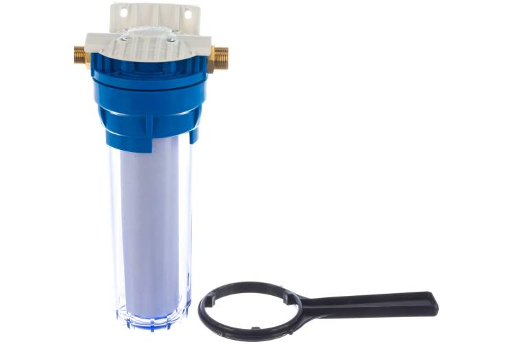Магистральный фильтр для воды со сменным картриджем Гейзер 1П прозр.10" 1/2х3/4 32008