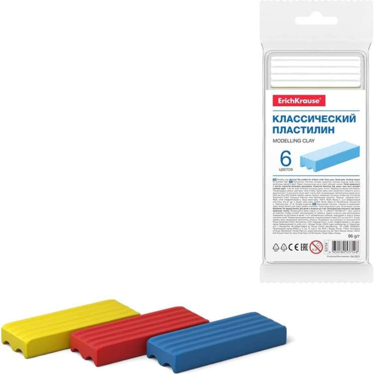 Классический пластилин ErichKrause Basic light pack 6 цветов, с подвесом, 96 г 53754