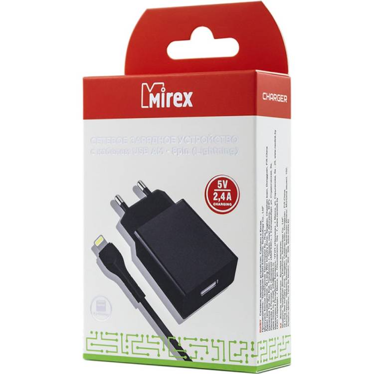 Сетевое зарядное устройство Mirex U16i, 1хUSB-А, 2.4А + кабель AM-8pin 1 м, черный, в коробке 13701-U16iBK