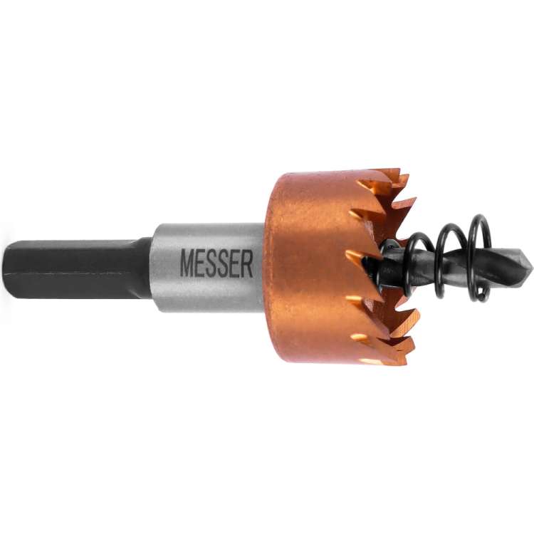 Коронка HSS-TiN 23 мм, с центровочным сверлом и толкающей пружиной для листового материала до 2 мм, ц/х MESSER 21-02-023