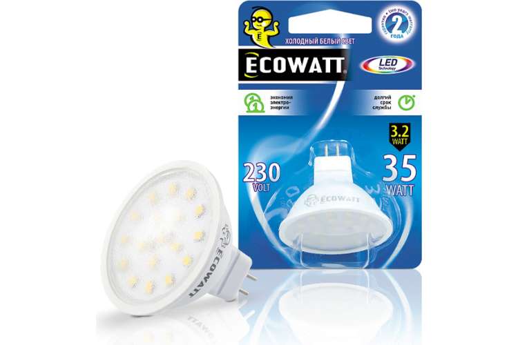 Лампа ECOWATT светодиодная MR16 230В 3.235W 4000K GU5.3 холодный белый свет 4606400614012