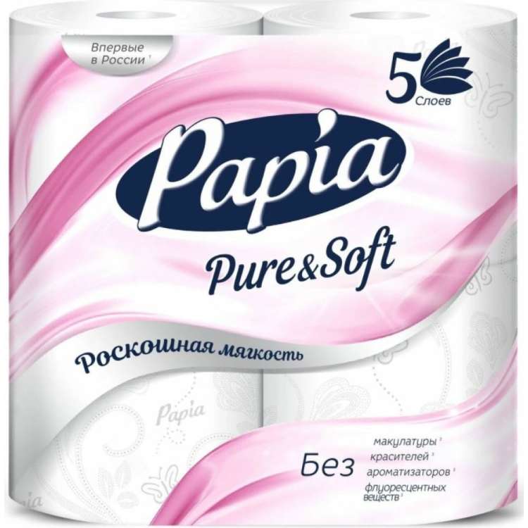 Туалетная бумага PAPIA PURE&SOFT белая, 5 слоёв, 4 рулона 1015031451