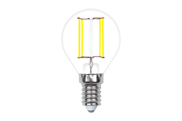 Светодиодная лампа Uniel LED-G45-5W/WW/E14/CL/MB GLM10TR. Форма «шар», прозрачная. UL-00002369
