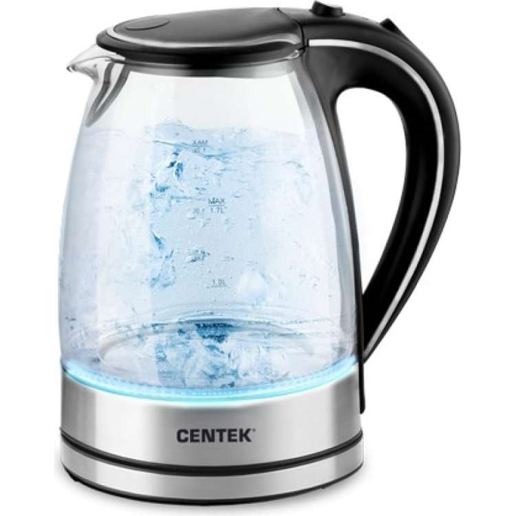 Чайник Centek CT-1009 BLS серебро/черный, стекло, 1.7 л, 2200 Вт, внутренняя LED подсветка, кнопка