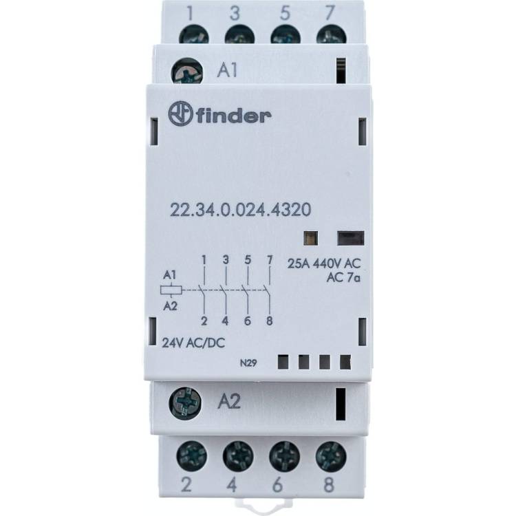 Модульный контактор Finder 4 NO, Механический индикатор + Светодиод Контакты AgSnO2, 223400244320
