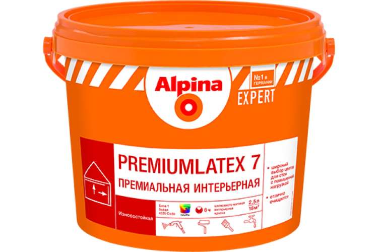 Устойчивая к мытью краска ALPINA EXPERT PREMIUMLATEX 7 (шелковисто-матовый; база 1; 2.5 л) 948102168