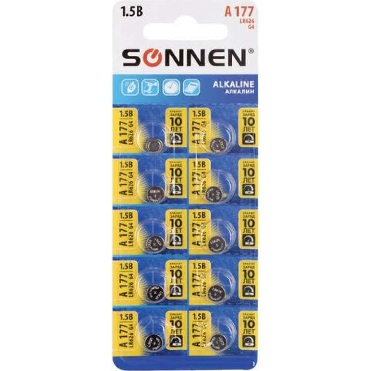 Алкалиновые батарейки SONNEN таблетка комплект 10 шт., alkaline 177a (g4, lr66), блистер, 880789