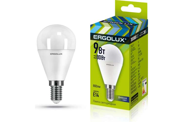 Электрическая светодиодная лампа Ergolux LED-G45-9W-E14-6K 9Вт E14 6500K 172-265В 13175