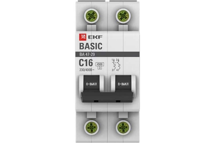 Автоматический выключатель EKF 2P 16А B 4,5кА ВА 47-29 Basic SQmcb4729-2-16-B