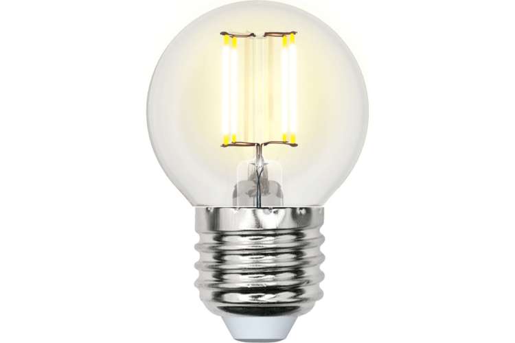 Светодиодная лампа Uniel LED-G45-7,5W/WW/E27/CL GLA01TR. Форма шар, прозрачная. UL-00003252