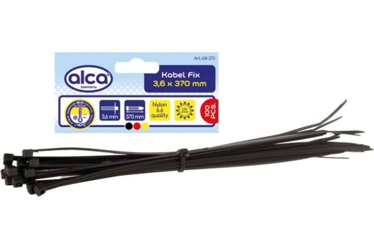 Пластиковая кабельная стяжка хомут Alca W-3.6, L-370, черная, 100 шт. 614370
