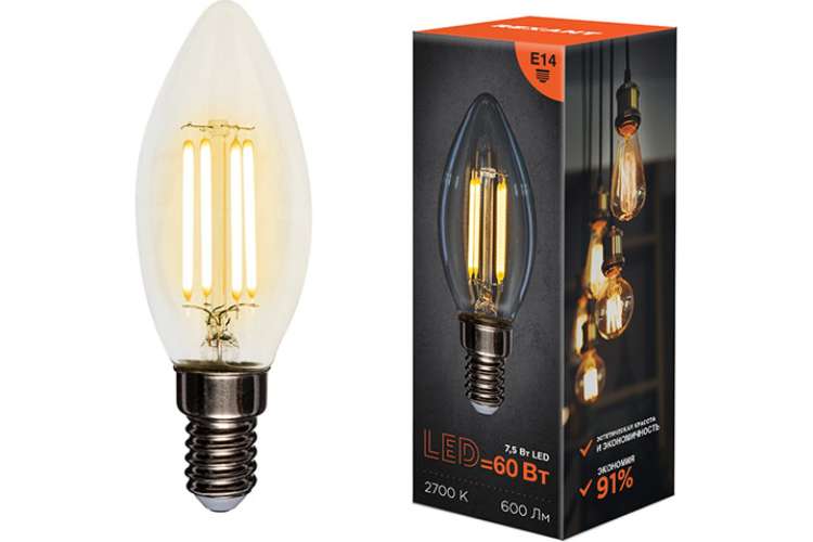 Филаментная лампа REXANT Свеча CN35 7.5 Вт 2700K E14 604-083