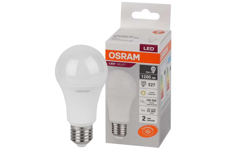 Светодиодная лампа OSRAM LED Value, A, E27, 1200Лм, 15Вт, замена 125Вт, 3000К, теплый белый свет 4058075579095