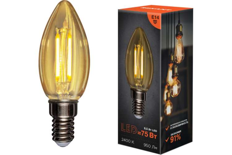 Филаментная лампа REXANT Свеча CN35 9.5 Вт 2400K E14 золотистая колба 604-099