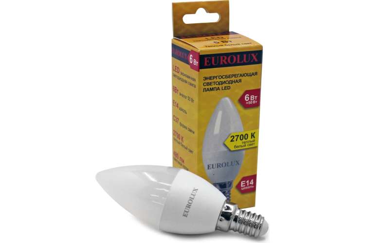 Светодиодная лампа Eurolux LL-E-C37-6W-230-2,7K-E14/свеча, 6Вт, теплый белый, Е14 76/2/2