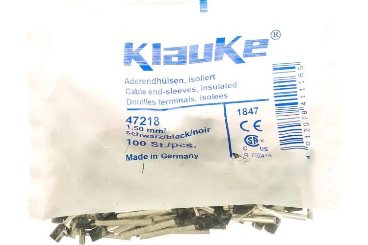 Втулочный наконечник Klauke 1.5мм2, 18мм цвет по DIN46228ч.4 - черный klk47218