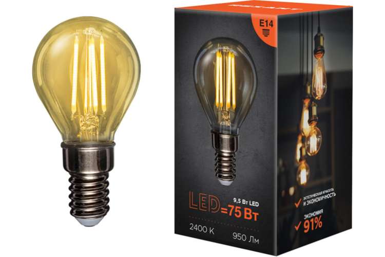 Филаментная лампа REXANT Шарик GL45 9.5 Вт 2400K E14 золотистая колба 604-137