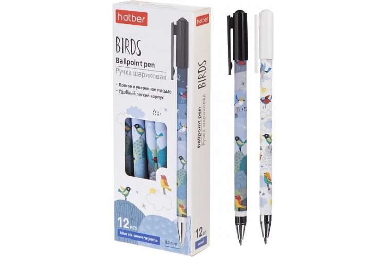 Шариковая ручка Hatber Birds синяя, 0.7 мм с колпачком и клипом, 12 шт 069855