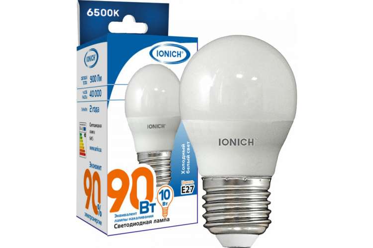 Светодиодная лампа IONICH Шар ILED-SMD2835-G45-10Вт-900Лм-230В-6500К-E27 1803