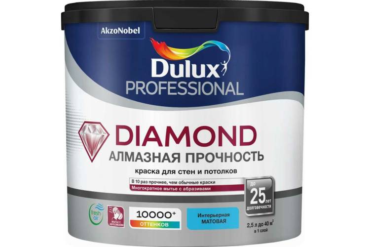 Краска для стен и потолков DULUX DIAMOND MATT износостойкая, моющаяся, матовая, база BW, 2,5 л 5717513