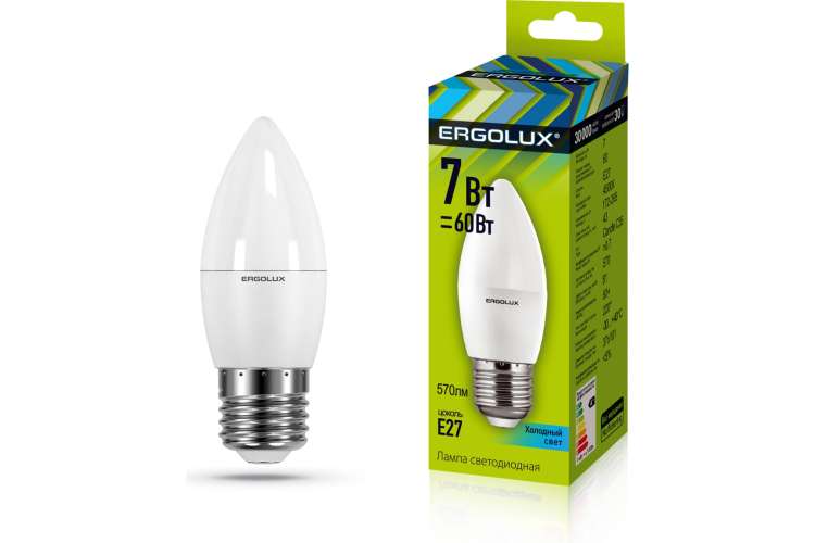 Электрическая светодиодная лампа Ergolux LED-C35-7W-E27-4K  Свеча 7Вт E27 4500K 172-265В 13298