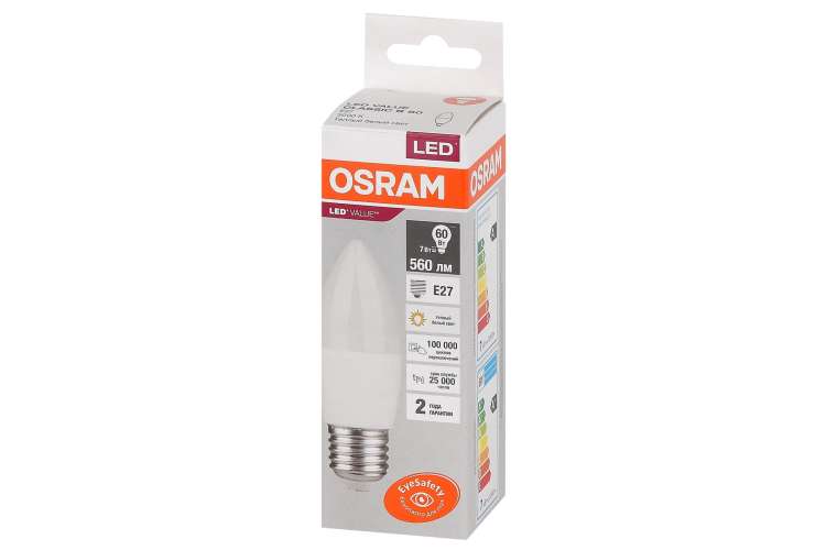 Светодиодная лампа OSRAM LED Value, B, E27, 560Лм, 7Вт, замена 60Вт, 3000К, теплый белый свет 4058075579446