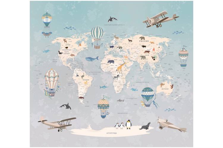 Обои Карта путешественника с животными, самолетами и воздушными шарами для детей Топ Фотообои флизелин, 300х270 см 09-1078-МF-3