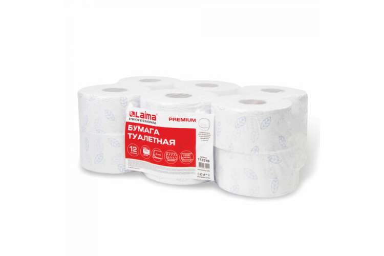 Туалетная бумага ЛАЙМА Т2 PREMIUM 150 м, 2 слоя, белая с цветным тиснением, комплект 12 рулонов 112516