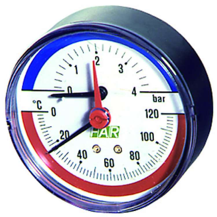 Термоманометр 0-4 бар с температурной шкалой 0-120°C (80 мм, торцевое соединение 1/2") FAR FA 2550 12