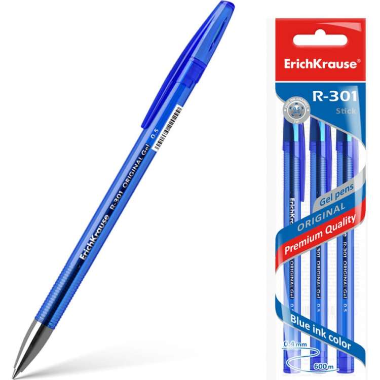 Гелевая ручка ErichKrause R-301 Original Gel Stick 0.5, синий в пакете по 3 шт 42723