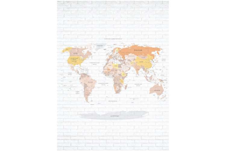 Обои Карта мира на русском языке в желто-коричневых оттенках на серой кирпичной стене Топ Фотообои флизелин, 200х270 см 09-2028-МF-2