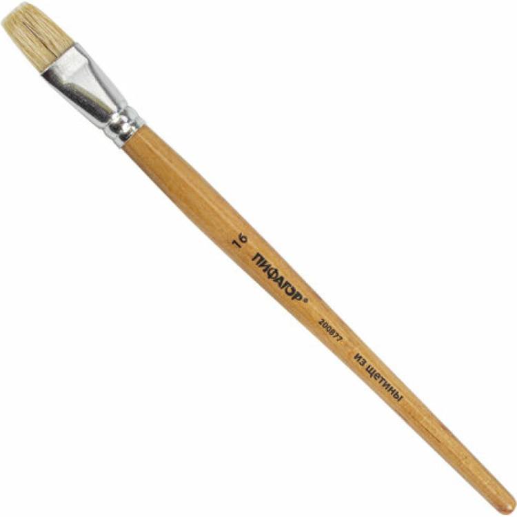 Кисть Пифагор щетина, плоская, № 16, деревянная лакированная ручка, пакет с подвесом 200877