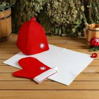 Подарочный банный набор Никитинская мануфактура Зимушка красный, шапка, рукавица, коврик ХВ5859