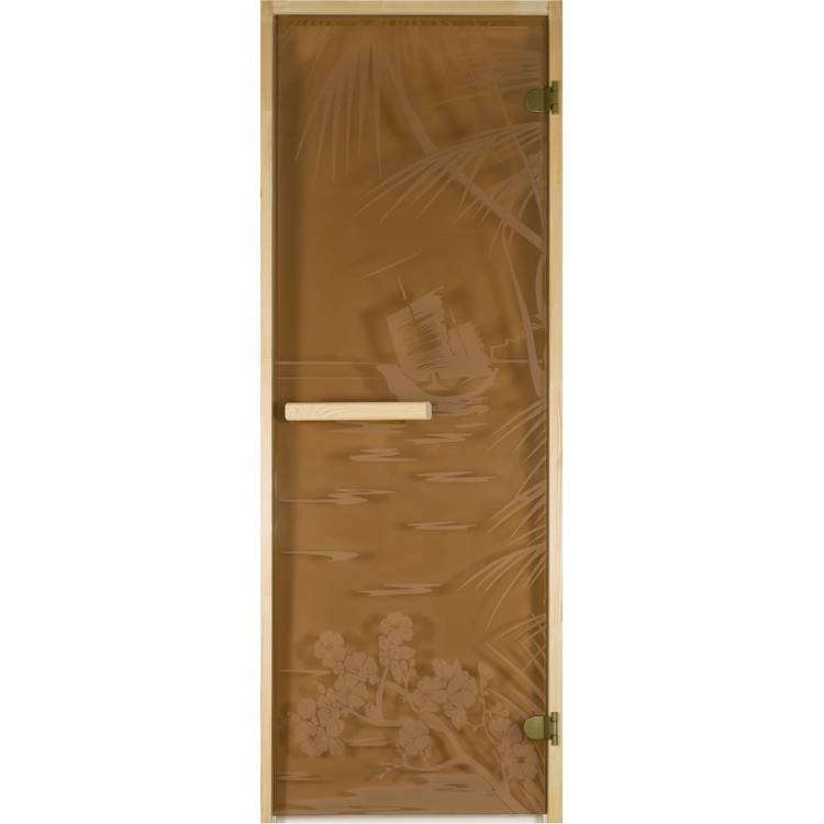 Дверь из стекла Банная линия Экзотика 1.9x0.7 м, бронза, 6 мм, коробка из хвои, 2 петли, ручка 12-917