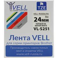 Лента Vell VL-S251 Brother TZE-S251, 24 мм, черный на белом, для PT D600/2700/P700/P750 319969