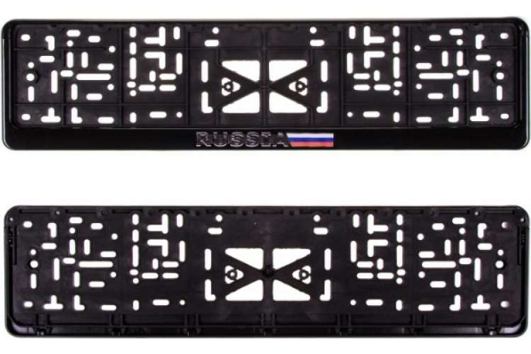 Рамка для номера SKYWAY пластмассовая, с защелкой, черная, RUSSIA рельеф, серебро с цветным флагом S04102006